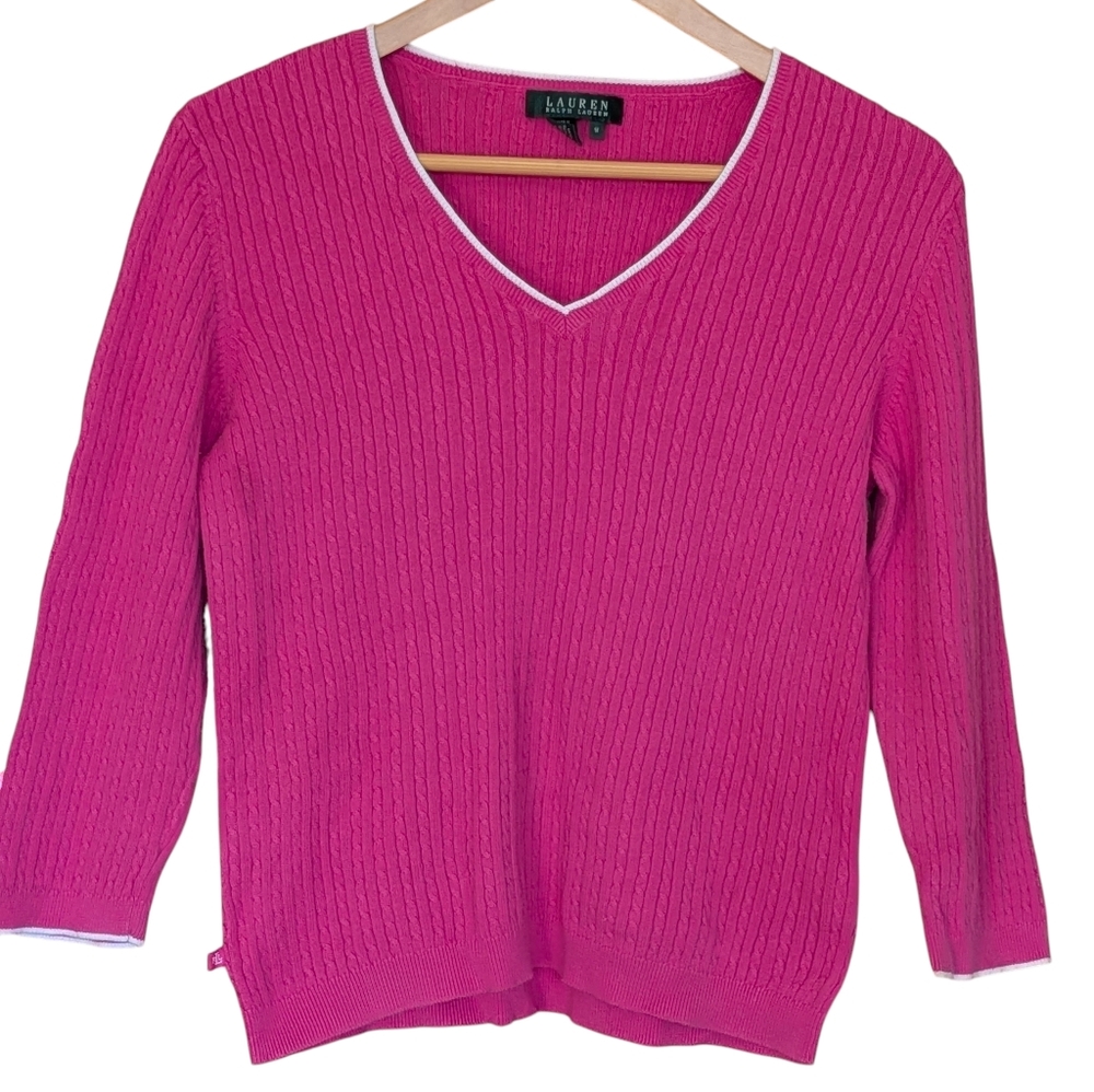 Lauren Ralph Lauren Bright Pink Cable Knit Sweater M Classic Preppy Academia